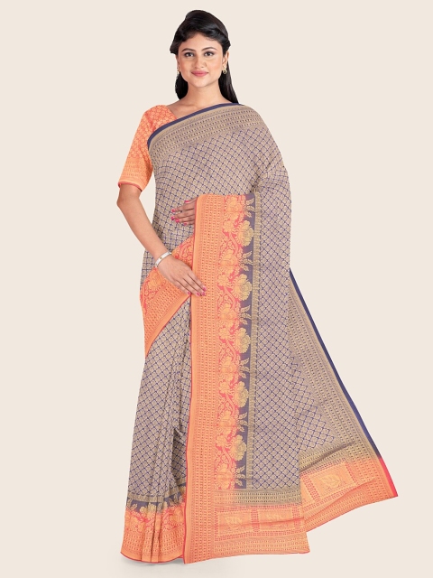 

Pothys Navy Blue & Coral Ethnic Motifs Zari Art Silk Saree