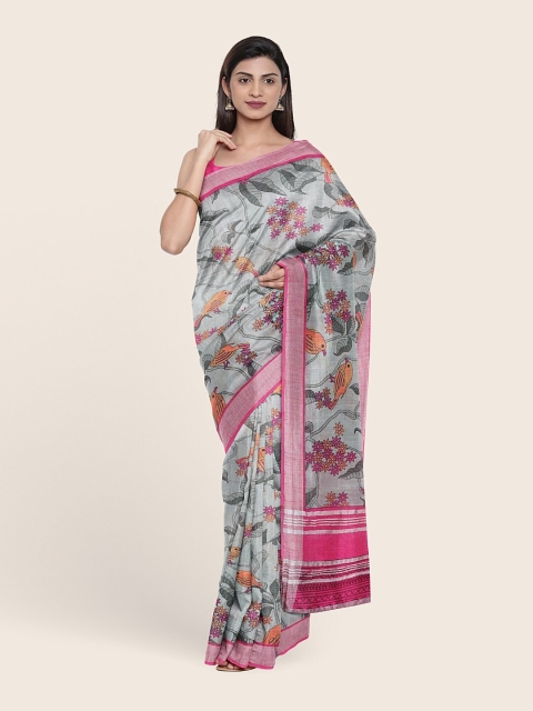

Pothys Grey & Pink Floral Zari Jute Cotton Saree