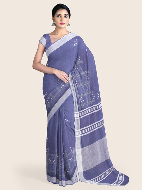 

Pothys Blue & Silver-Toned Striped Jute Cotton Saree