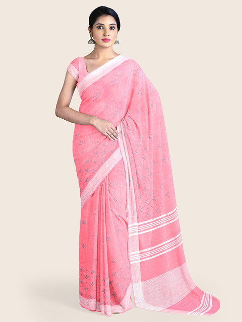 

Pothys Pink & Silver-Toned Floral Zari Jute Cotton Saree