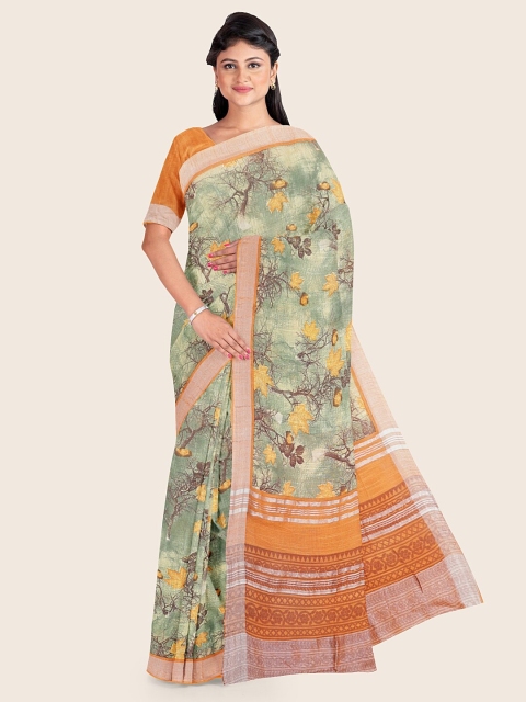 

Pothys Green & Mustard Floral Zari Jute Cotton Saree