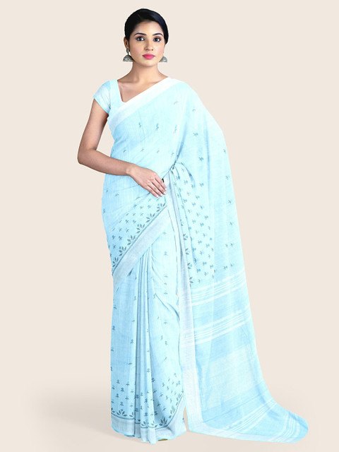 

Pothys Blue & Silver-Toned Floral Zari Jute Cotton Saree