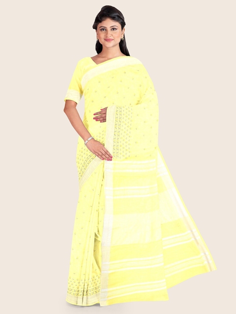 

Pothys Yellow & Silver-Toned Floral Zari Jute Cotton Saree