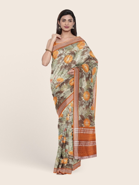 

Pothys Green & Orange Floral Zari Jute Cotton Saree