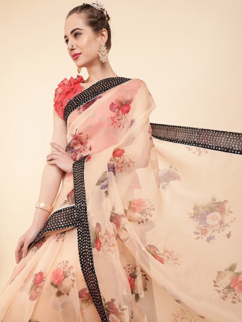 

Sangria Pink & Brown Floral Sequinned Organza Saree