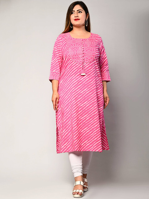 

Swasti Plus Size Women Pink & White Leheriya Printed Gotta Patti Kurta