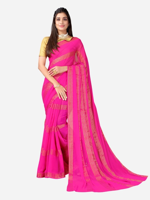 

KALINI Pink & Gold-Toned Striped Zari Poly Chiffon Saree