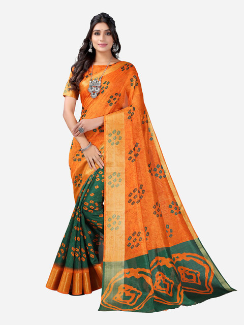 

KALINI Orange & Green Bandhani Zari Bandhani Saree