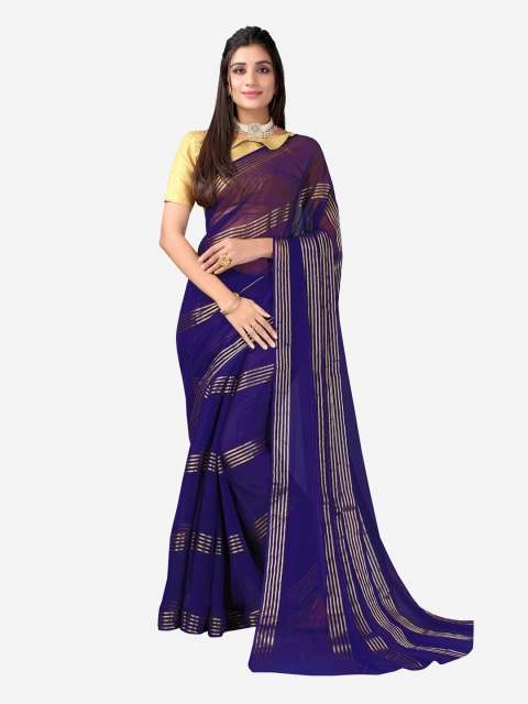 

KALINI Navy Blue & Gold-Toned Striped Zari Poly Chiffon Saree