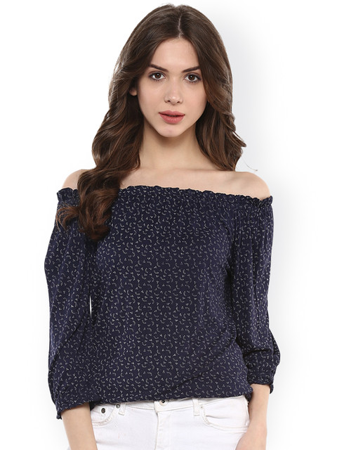 

Harpa Navy Printed Off-Shoulder Top, Navy blue