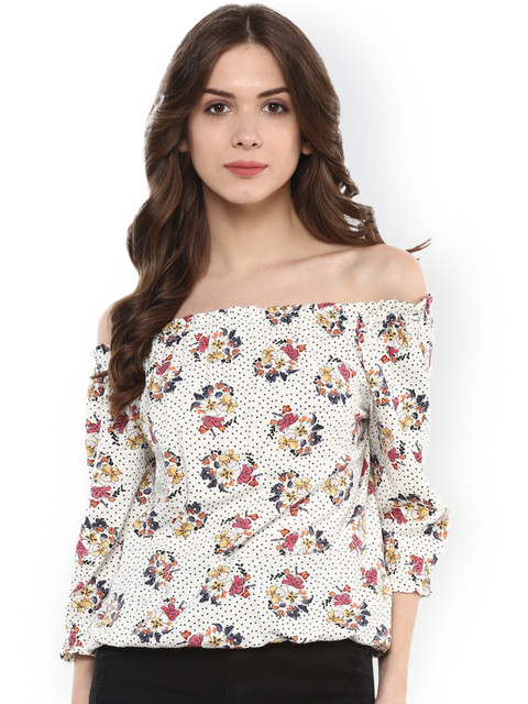 

Harpa Off-White Floral Print Off-Shoulder Top