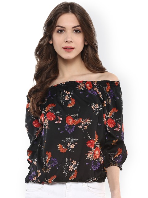 

Harpa Black Floral Print Off-Shoulder Top
