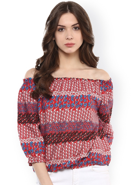 

Harpa Coral Red Floral Print Off-Shoulder Top