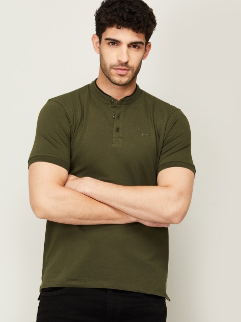 

Fame Forever by Lifestyle Men Olive Green Mandarin Collar Cotton T-shirt