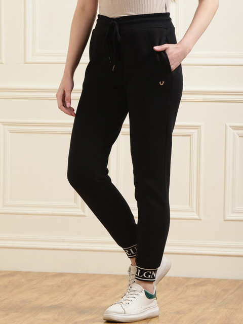 

True Religion Women Black Solid Cotton Track Pants