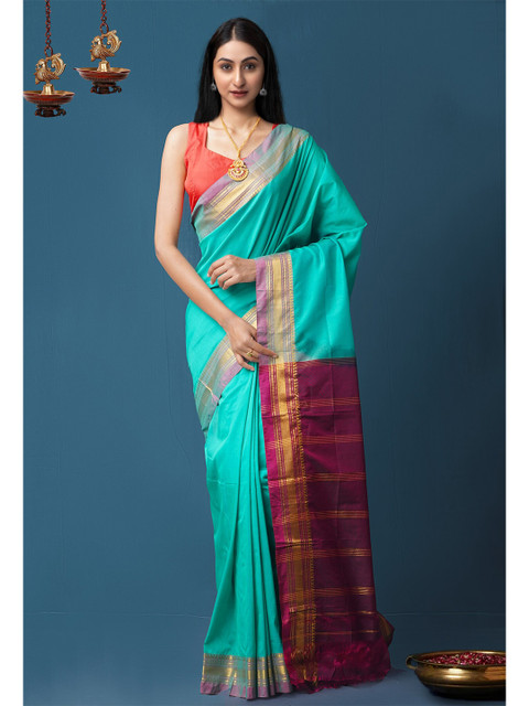 

Unnati Silks Sea Green & Maroon Zari Pure Handloom Narayan Peth Saree