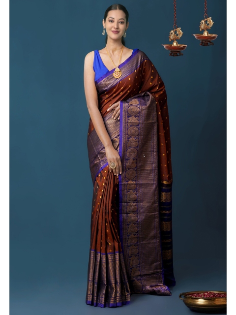 

Unnati Silks Rust Red & Violet Woven Design Handloom Narayan Peth Saree