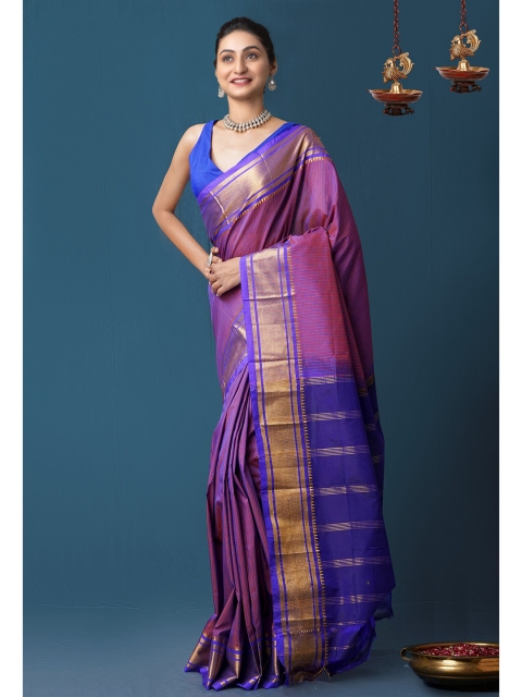 

Unnati Silks Pink & Blue Checked Zari Handloom Narayan Peth Saree