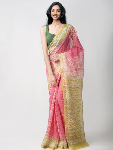 

Unnati Silks Pink & Green Batik Zari Pure Cotton Kota Saree