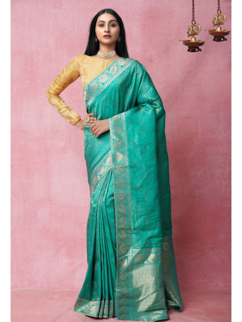 

Unnati Silks Sea Green & Gold-Toned Woven Design Zari Silk Blend Banarasi Saree
