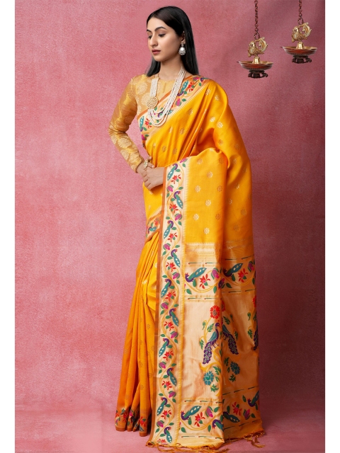 

Unnati Silks Yellow & Blue Woven Design Silk Blend Banarasi Saree