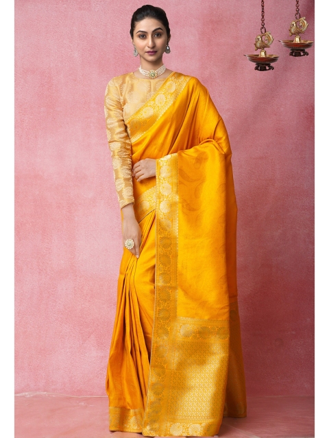 

Unnati Silks Yellow & Gold-Toned Woven Design Banarasi Silk Saree