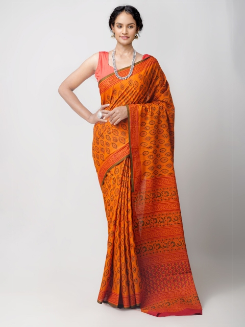 

Unnati Silks Orange Ethnic Motifs Pure Cotton Block Print Saree