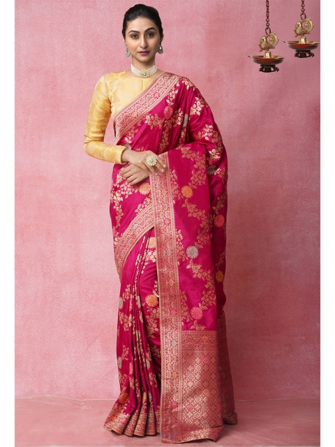 

Unnati Silks Pink Floral Zari Silk Blend Banarasi Saree