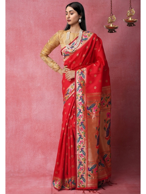 

Unnati Silks Red & Gold-Toned Woven Design Silk Blend Banarasi Saree