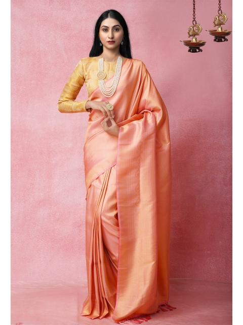 

Unnati Silks Peach-Coloured Woven Design Silk Blend Banarasi Saree