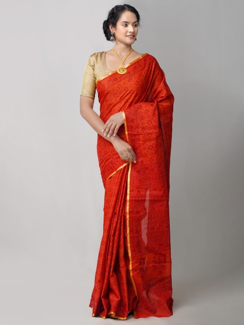 

Unnati Silks Orange Ethnic Motifs Pure Cotton Block Print Saree
