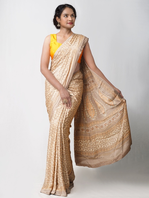 

Unnati Silks Cream-Coloured Paisley Block Print Saree