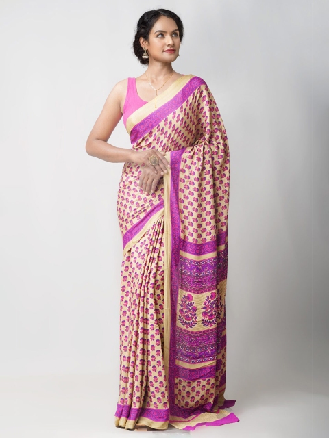 

Unnati Silks Cream-Coloured & Pink Ethnic Motifs Block Print Saree