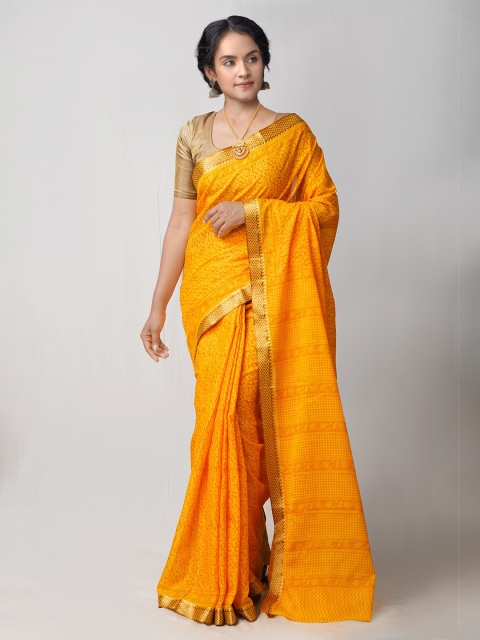 

Unnati Silks Yellow & Gold-Toned Ethnic Motifs Zari Pure Cotton Block Print Saree