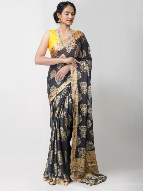 

Unnati Silks Black & Beige Floral Block Printed Saree