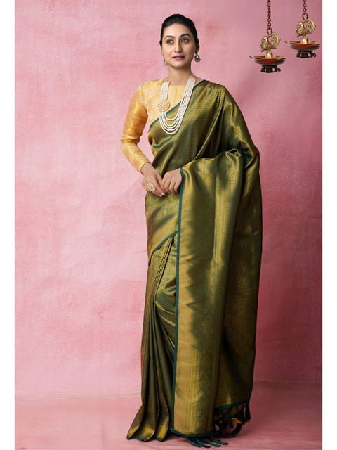 

Unnati Silks Green & Gold-Toned Woven Design Silk Blend Banarasi Saree