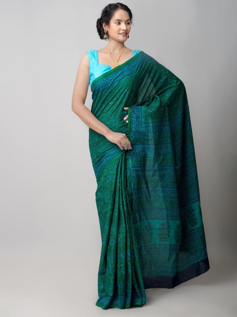 

Unnati Silks Green & Blue Ethnic Motifs Pure Cotton Block Print Saree