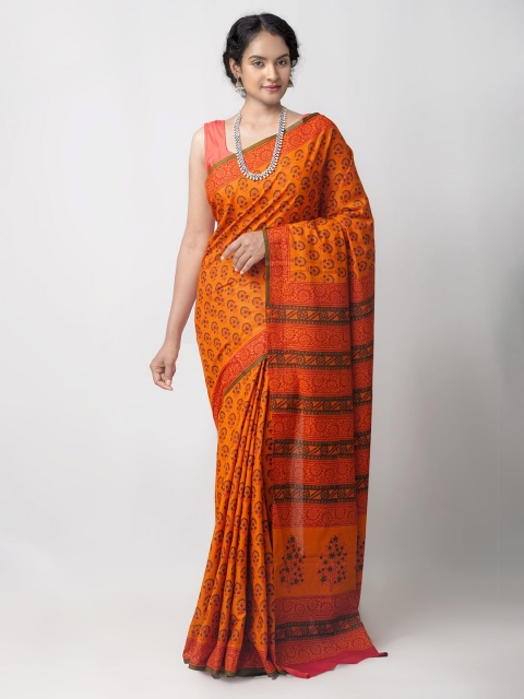 

Unnati Silks Orange Ethnic Motifs Cotton Block Print Saree