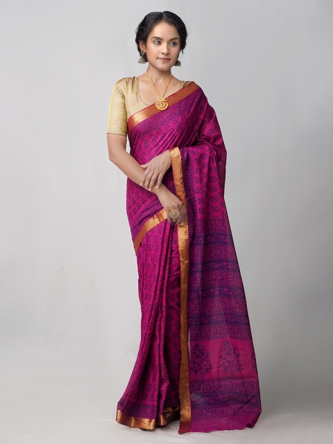 

Unnati Silks Burgundy Ethnic Motifs Pure Cotton Block Print Saree