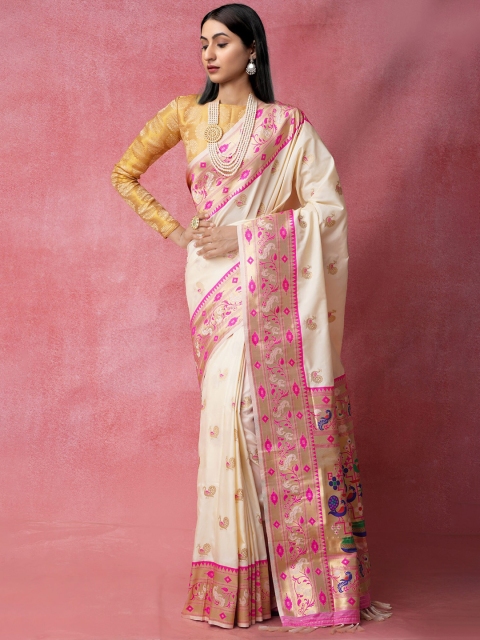 

Unnati Silks Cream & Gold-Toned Ethnic Motifs Zari Silk Blend Banarasi Saree