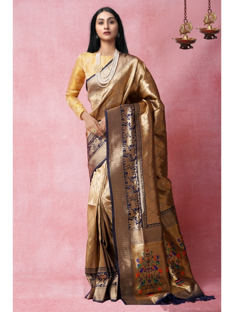 

Unnati Silks Golden & Navy Blue Zari Silk Blend Banarasi Saree, Gold