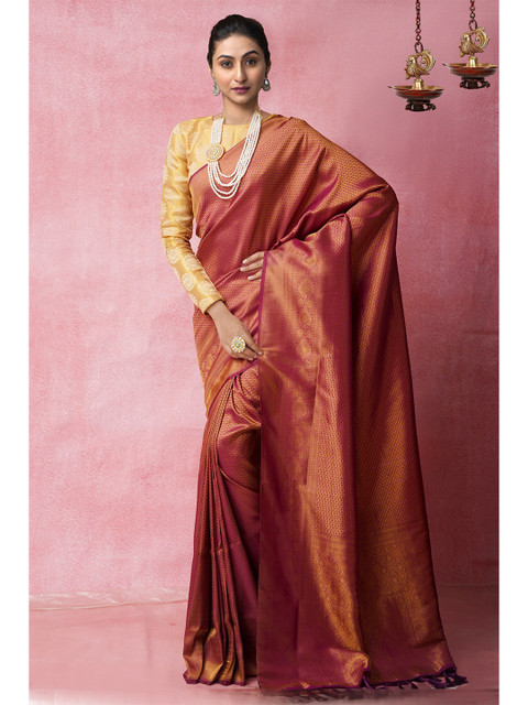

Unnati Silks Red Ethnic Motifs Zari Silk Blend Banarasi Saree