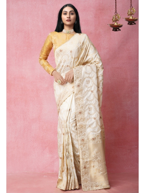 

Unnati Silks Cream-Coloured & Gold-Toned Floral Zari Silk Blend Banarasi Saree
