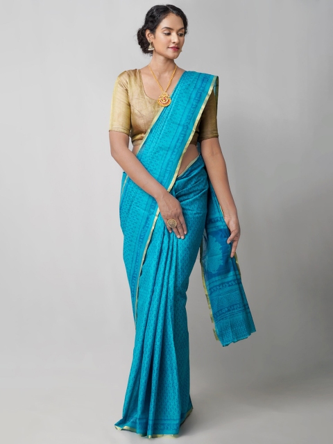 

Unnati Silks Blue & Gold-Toned Ethnic Motifs Zari Pure Cotton Block Print Saree