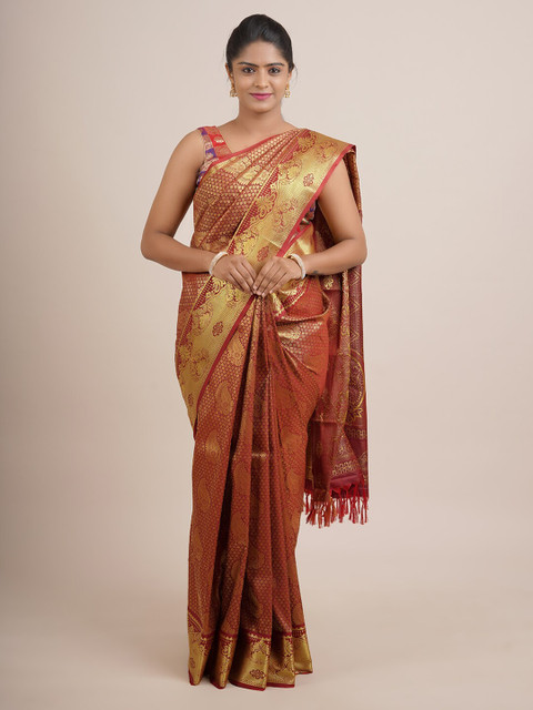 

Pothys Maroon & Gold-Toned Woven Design Zari Pure Silk Saree