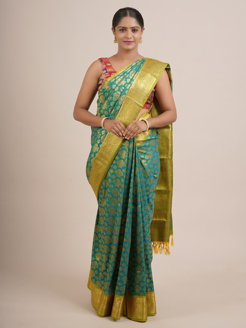 

Pothys Green & Gold-Toned Floral Beads and Stones Pure Silk Saree