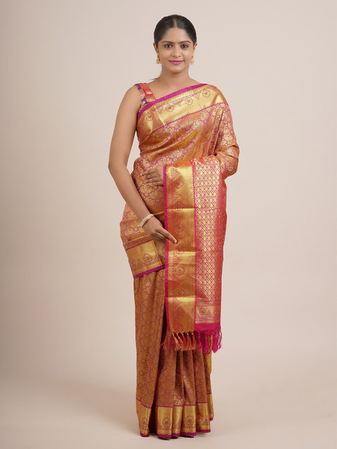 

Pothys Pink & Gold-Toned Woven Design Beads and Stones Pure Silk Saree