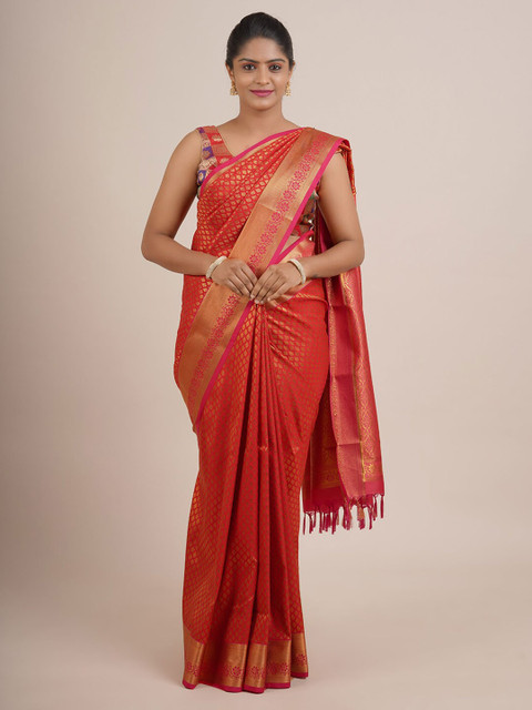 

Pothys Red & Gold-Toned Floral Zari Pure Silk Saree