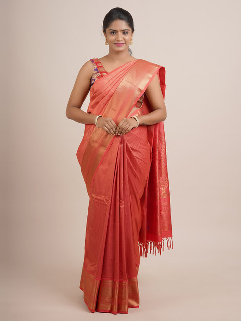 

Pothys Orange & Gold-Toned Woven Design Zari Pure Silk Saree