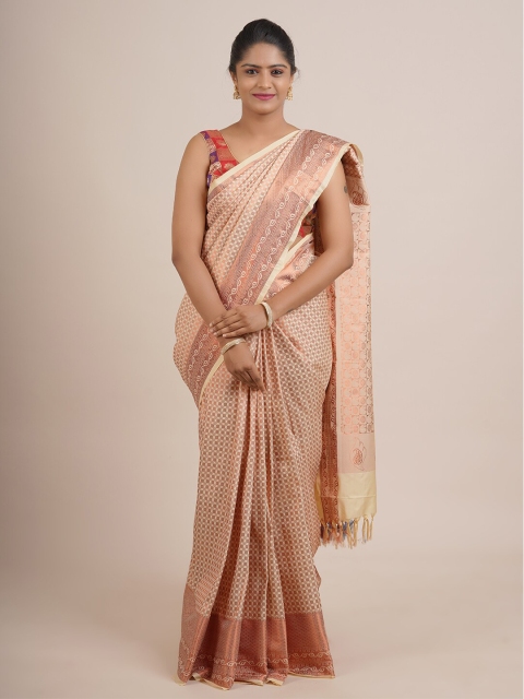 

Pothys Cream-Coloured & Copper-Toned Ethnic Motifs Zari Pure Silk Saree